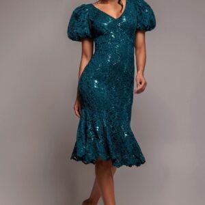 Goddiva Sequin Lace Puff Sleeve Fit & Flare Midi Dress - Teal Blue