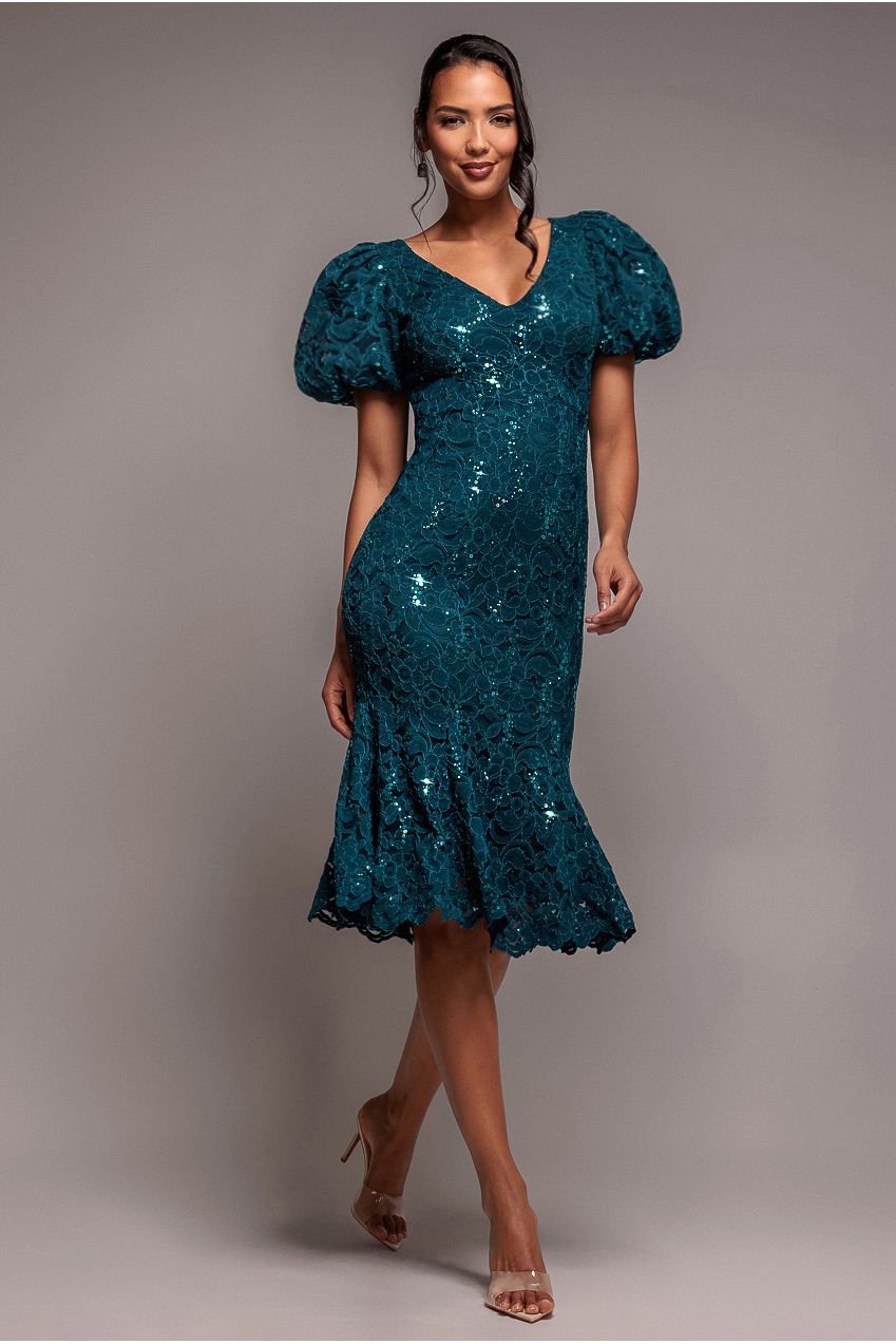 Goddiva Sequin Lace Puff Sleeve Fit & Flare Midi Dress – Teal Blue