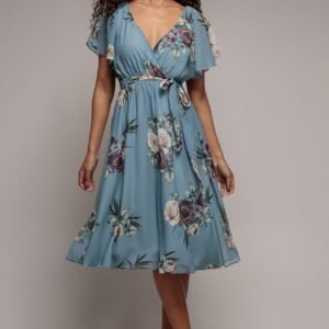 Goddiva Floral Printed Flutter Sleeve Chiffon Midi Dress - Airforce Blue