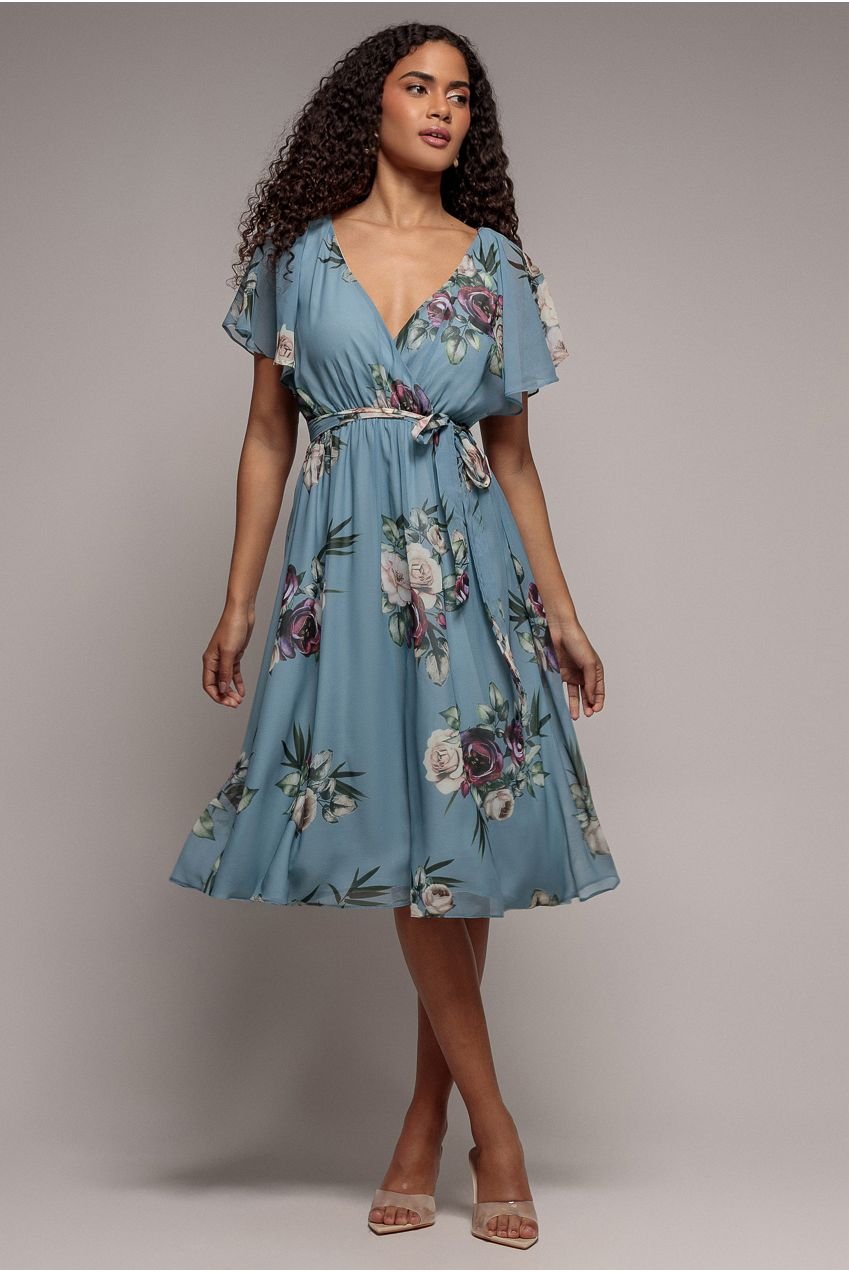 Goddiva Floral Printed Flutter Sleeve Chiffon Midi Dress – Airforce Blue