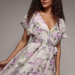 Goddiva Floral Printed Flutter Sleeve Chiffon Midi Dress - Cream