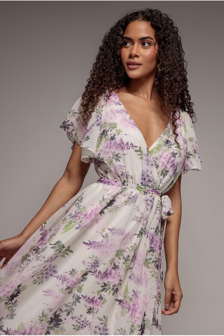 Goddiva Floral Printed Flutter Sleeve Chiffon Midi Dress – Cream