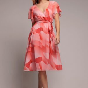 Goddiva Printed Flutter Sleeve Chiffon Midi Dress - Coral