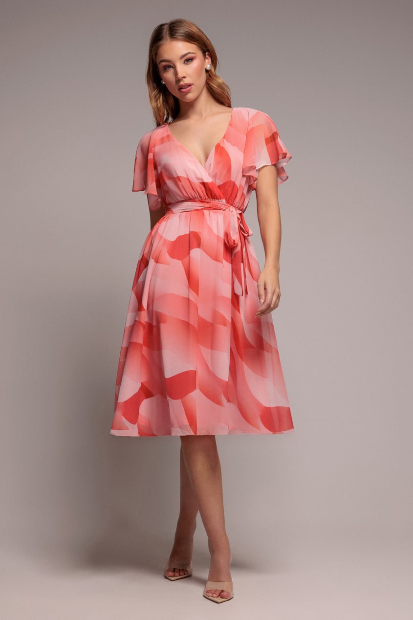 Goddiva Printed Flutter Sleeve Chiffon Midi Dress – Coral