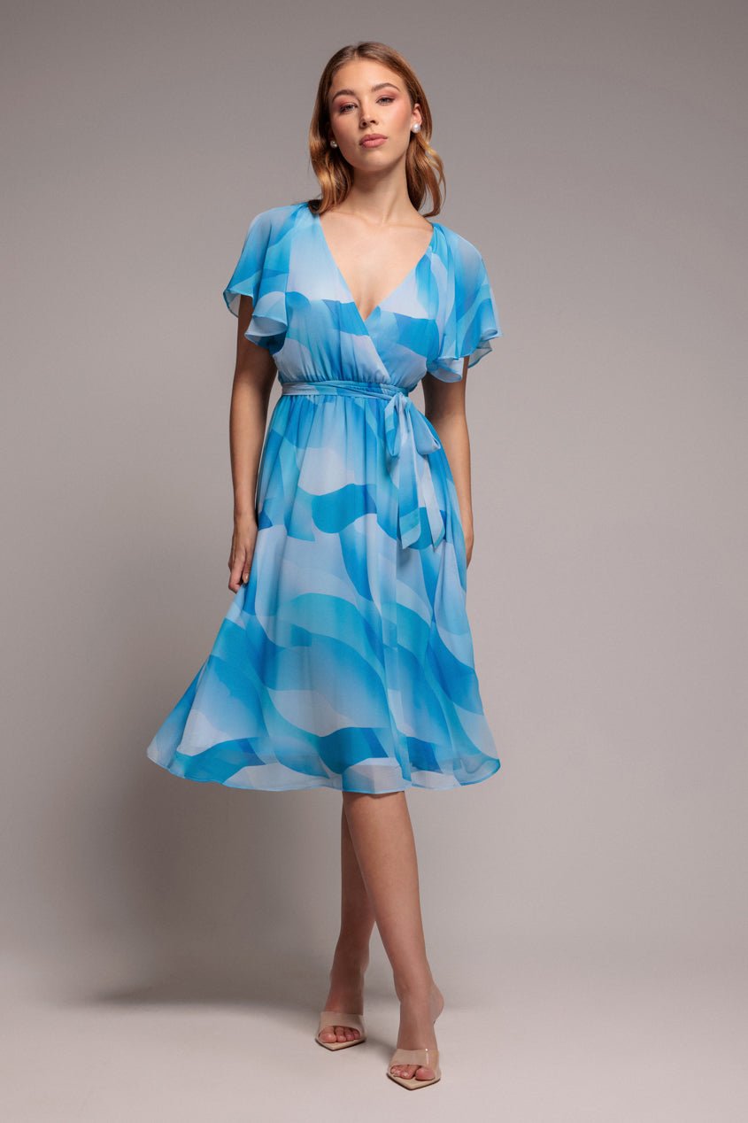 Goddiva Printed Flutter Sleeve Chiffon Midi Dress – Light Blue