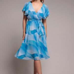 Goddiva Printed Flutter Sleeve Chiffon Midi Dress - Light Blue