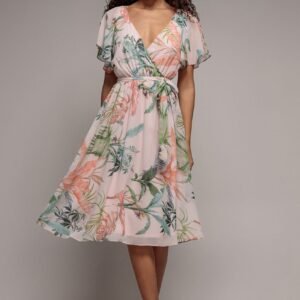 Goddiva Floral Printed Flutter Sleeve Chiffon Midi Dress - Off White