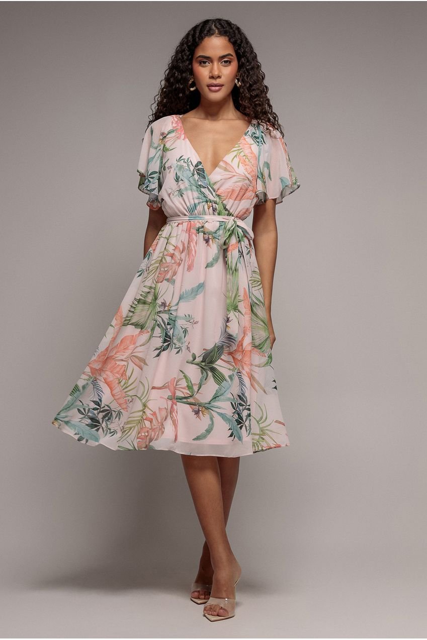 Goddiva Floral Printed Flutter Sleeve Chiffon Midi Dress – Off White