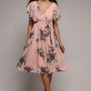 Goddiva Floral Printed Flutter Sleeve Chiffon Midi Dress - Peach
