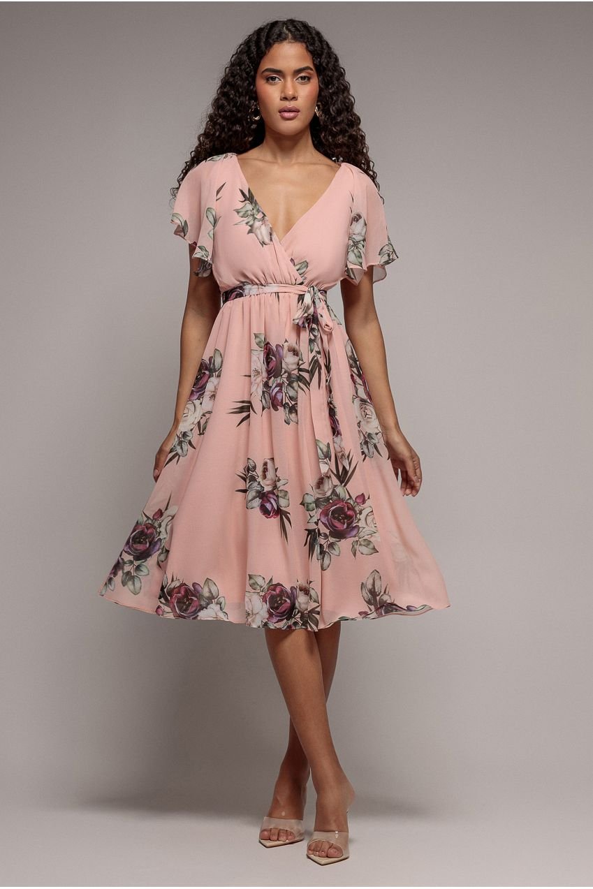 Goddiva Floral Printed Flutter Sleeve Chiffon Midi Dress – Peach