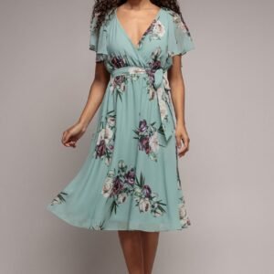 Goddiva Floral Printed Flutter Sleeve Chiffon Midi Dress - Sage Green