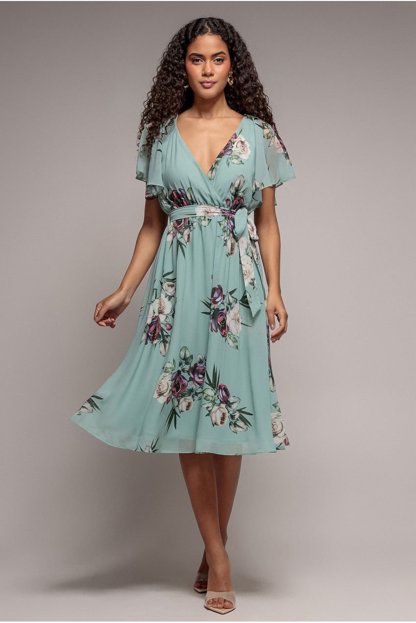Goddiva Floral Printed Flutter Sleeve Chiffon Midi Dress – Sage Green