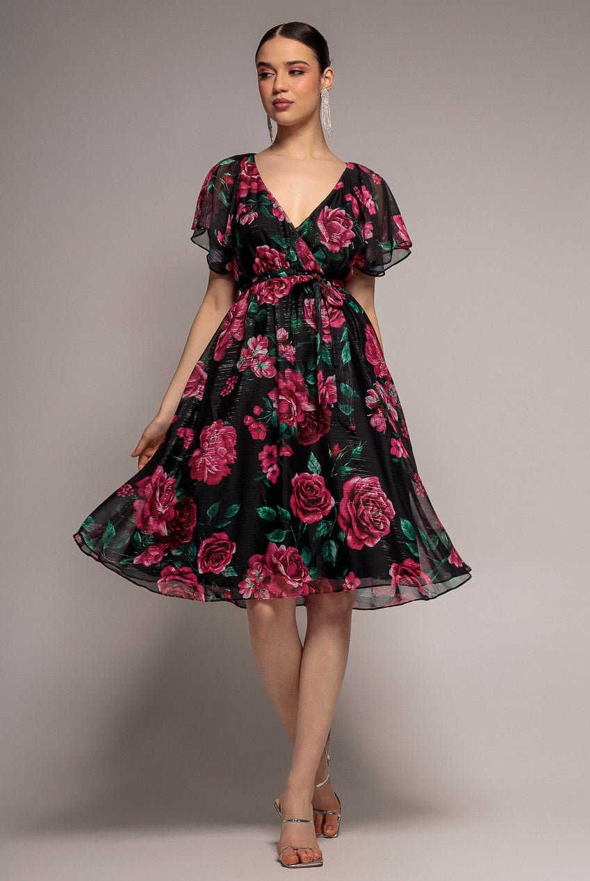 Goddiva Printed Lurex A-Line Flutter Sleeve Midi Dress – Black