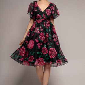 Goddiva Printed Lurex A-Line Flutter Sleeve Midi Dress - Black