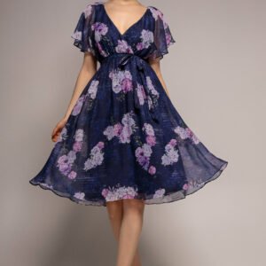 Goddiva Printed Lurex A-Line Flutter Sleeve Midi Dress - Navy