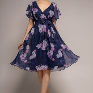 Goddiva Printed Lurex A-Line Flutter Sleeve Midi Dress - Navy