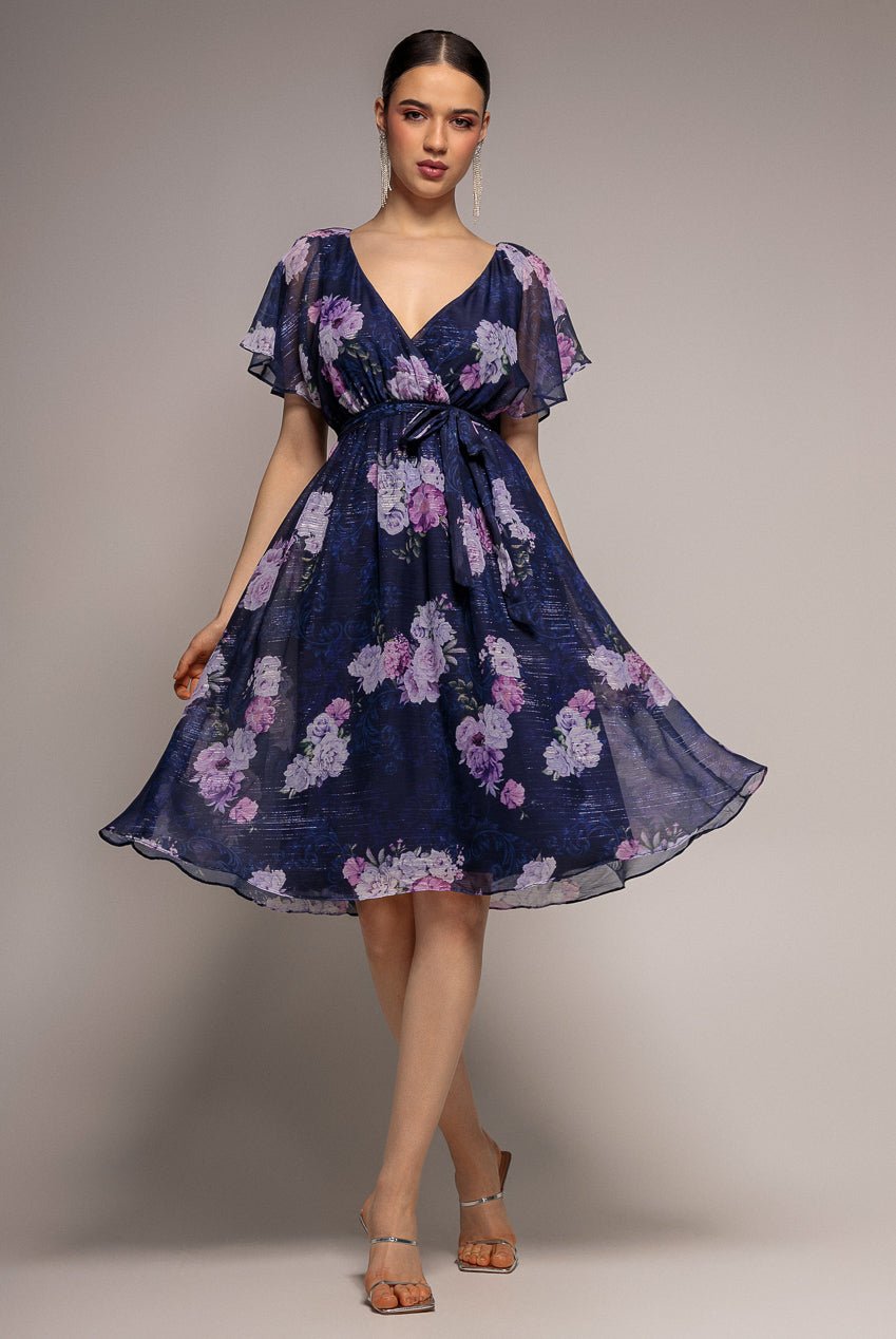 Goddiva Printed Lurex A-Line Flutter Sleeve Midi Dress – Navy