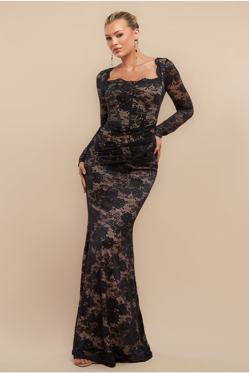 Goddiva Scalloped Lace Corset Bodice Maxi Dress – Black