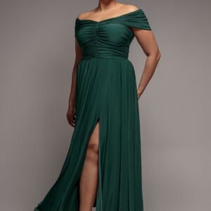 Goddiva Plus Gathered Bardot Bodice Front Split Maxi Dress - Emerald Green