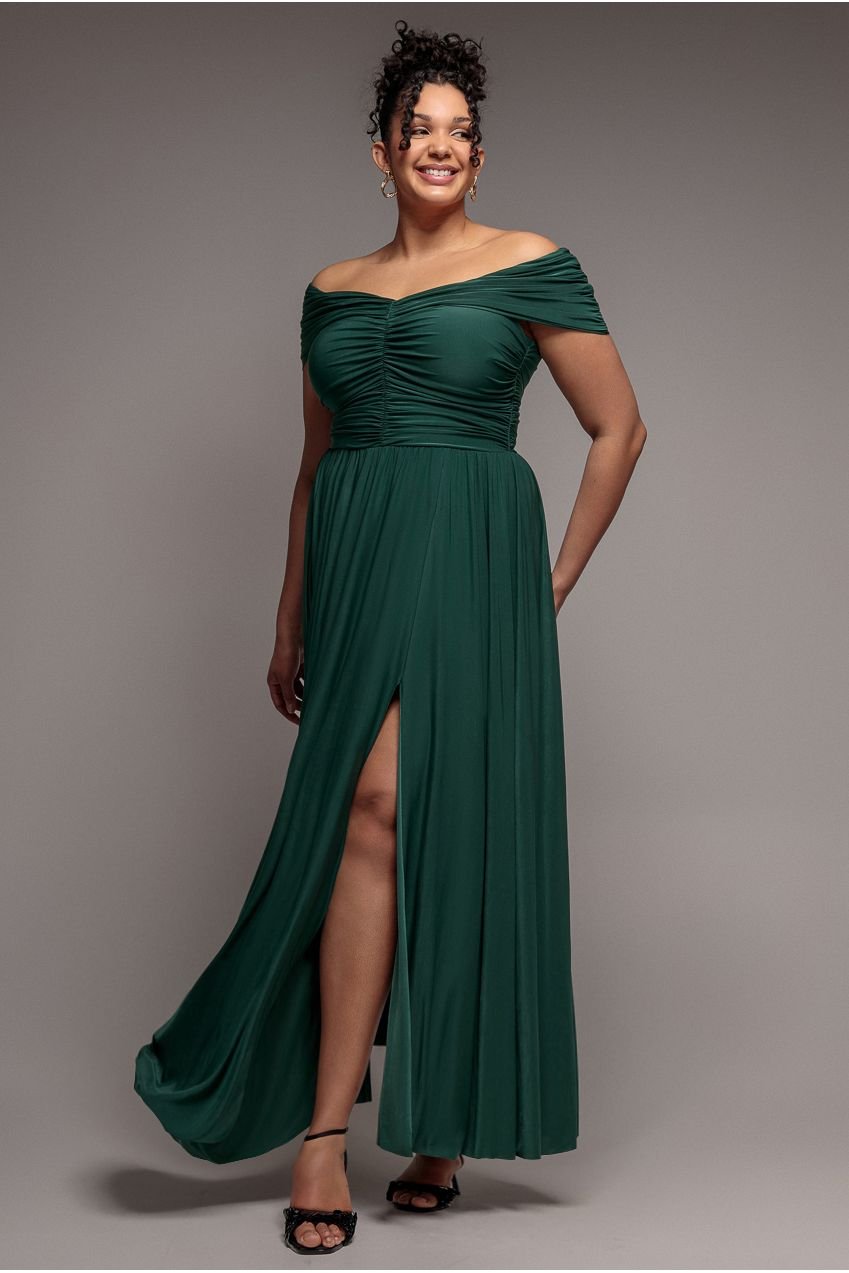 Goddiva Plus Gathered Bardot Bodice Front Split Maxi Dress – Emerald Green