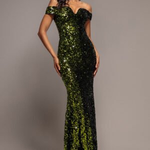 Goddiva Sequin Velvet Bardot Evening Maxi Dress - Olive Green
