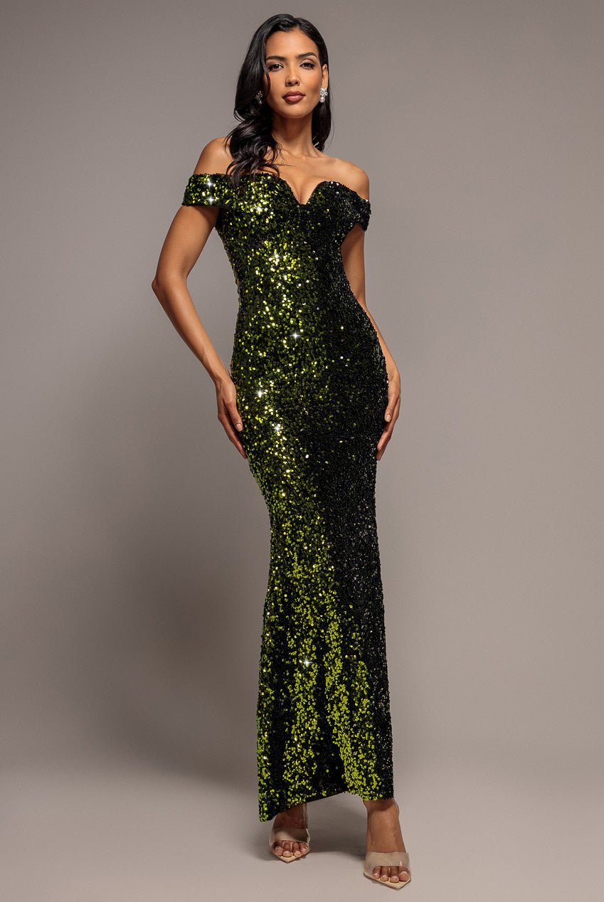 Goddiva Sequin Velvet Bardot Evening Maxi Dress – Olive Green
