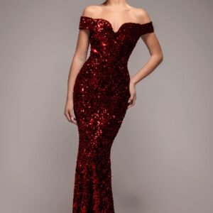 Goddiva Sequin Velvet Bardot Evening Maxi Dress - Red