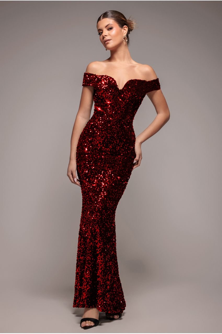 Goddiva Sequin Velvet Bardot Evening Maxi Dress – Red