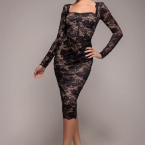 Goddiva Scalloped Lace Corset Bodice Midi Dress - Black