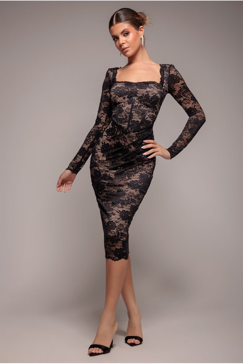 Goddiva Scalloped Lace Corset Bodice Midi Dress – Black