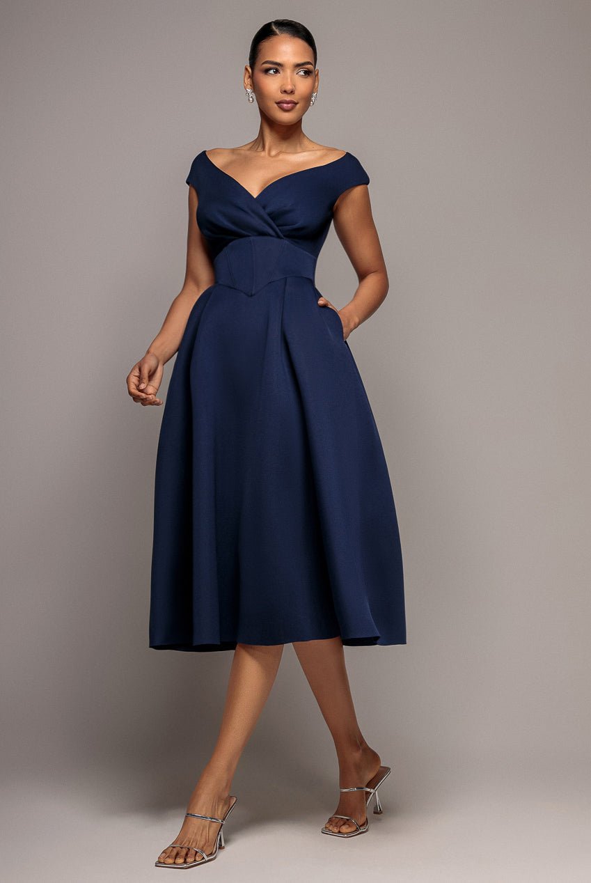 Goddiva Corset Fit & Flare Midi Dress – Navy