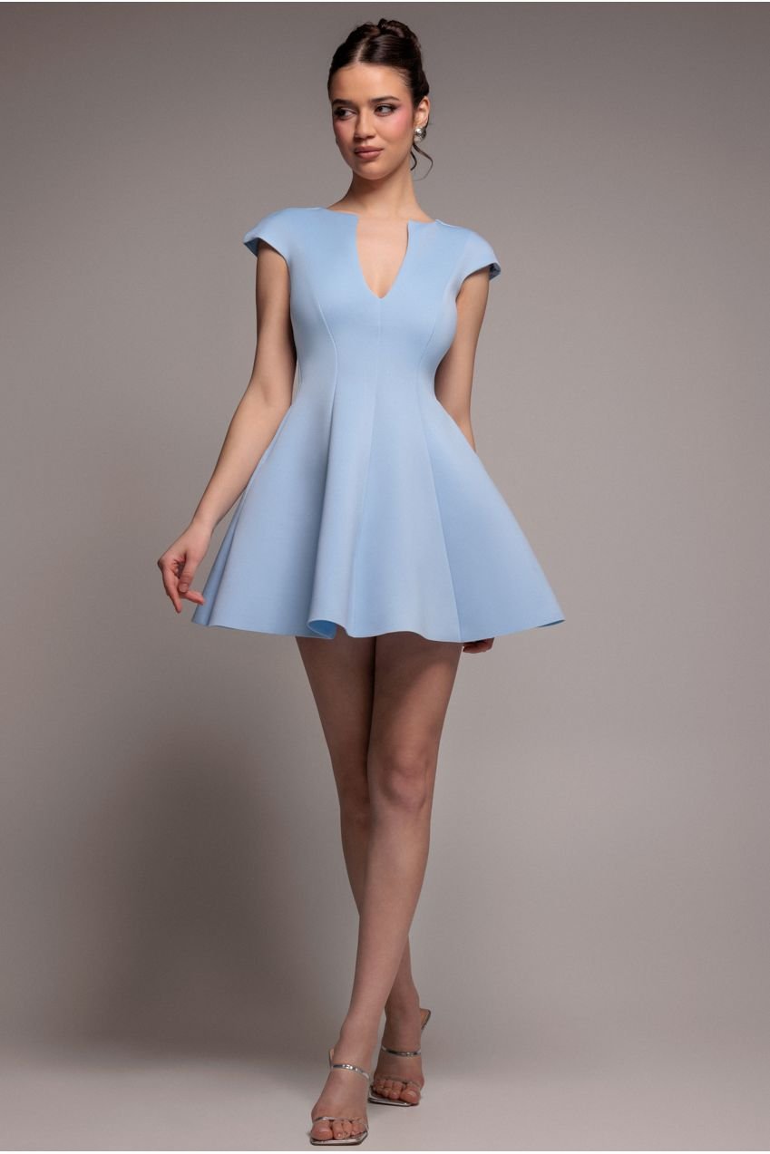 Goddiva Cap Sleeve Plunging V-Neckline Skater Mini Dress – Light Blue