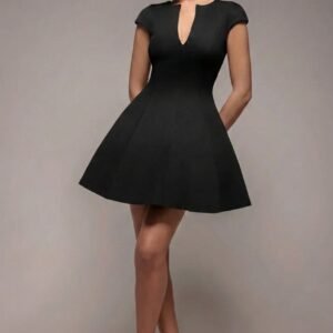 Goddiva Cap Sleeve Plunging V-Neckline Skater Mini Dress - Black