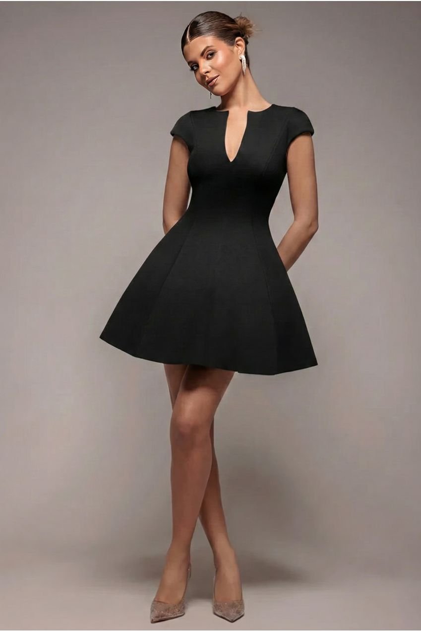 Goddiva Cap Sleeve Plunging V-Neckline Skater Mini Dress – Black
