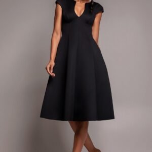 Goddiva Cap Sleeve Plunging V-Neckline A-line Midi Dress - Black