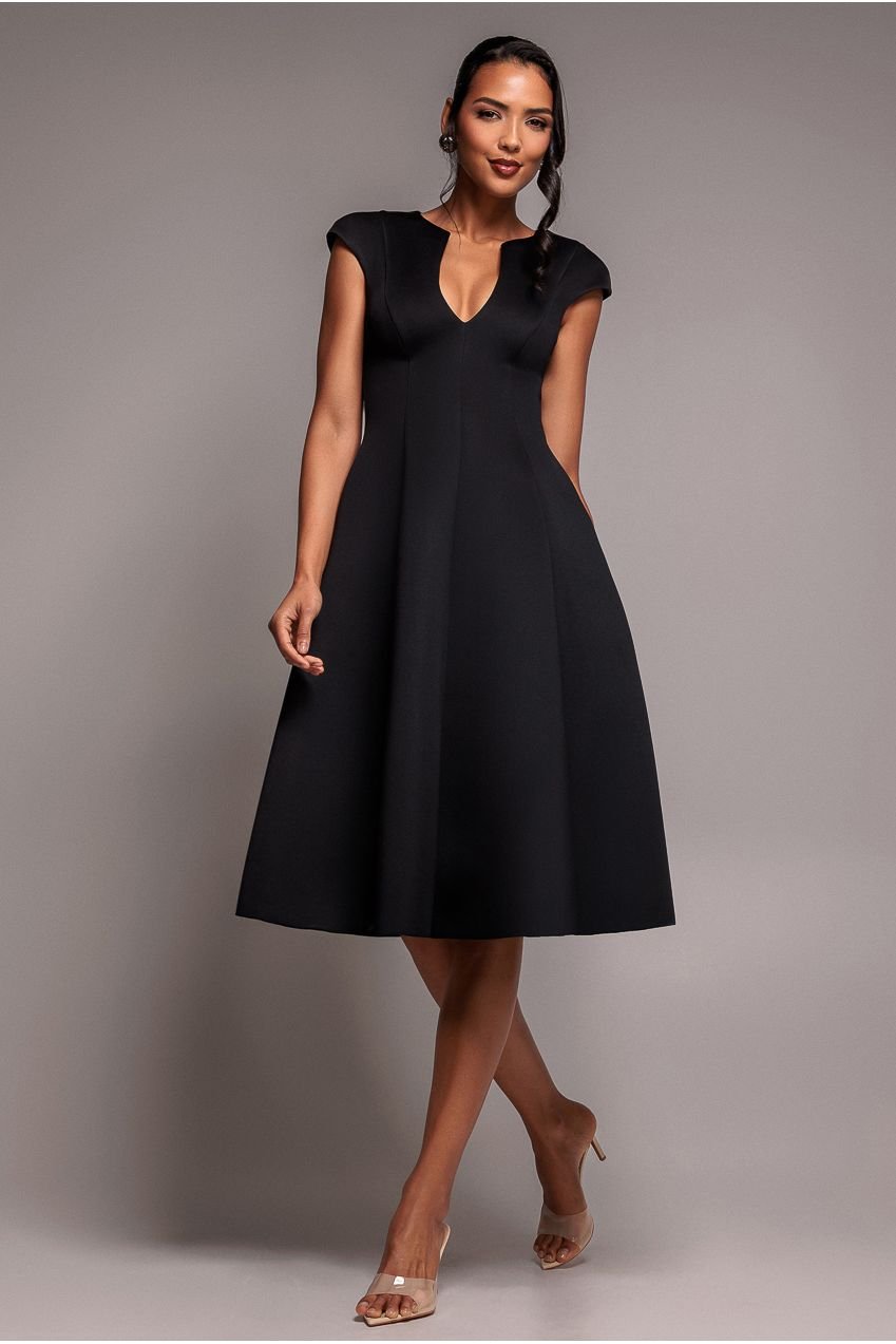 Goddiva Cap Sleeve Plunging V-Neckline A-line Midi Dress – Black