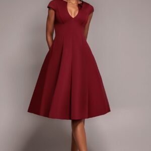 Goddiva Cap Sleeve Plunging V-Neckline A-line Midi Dress - Wine