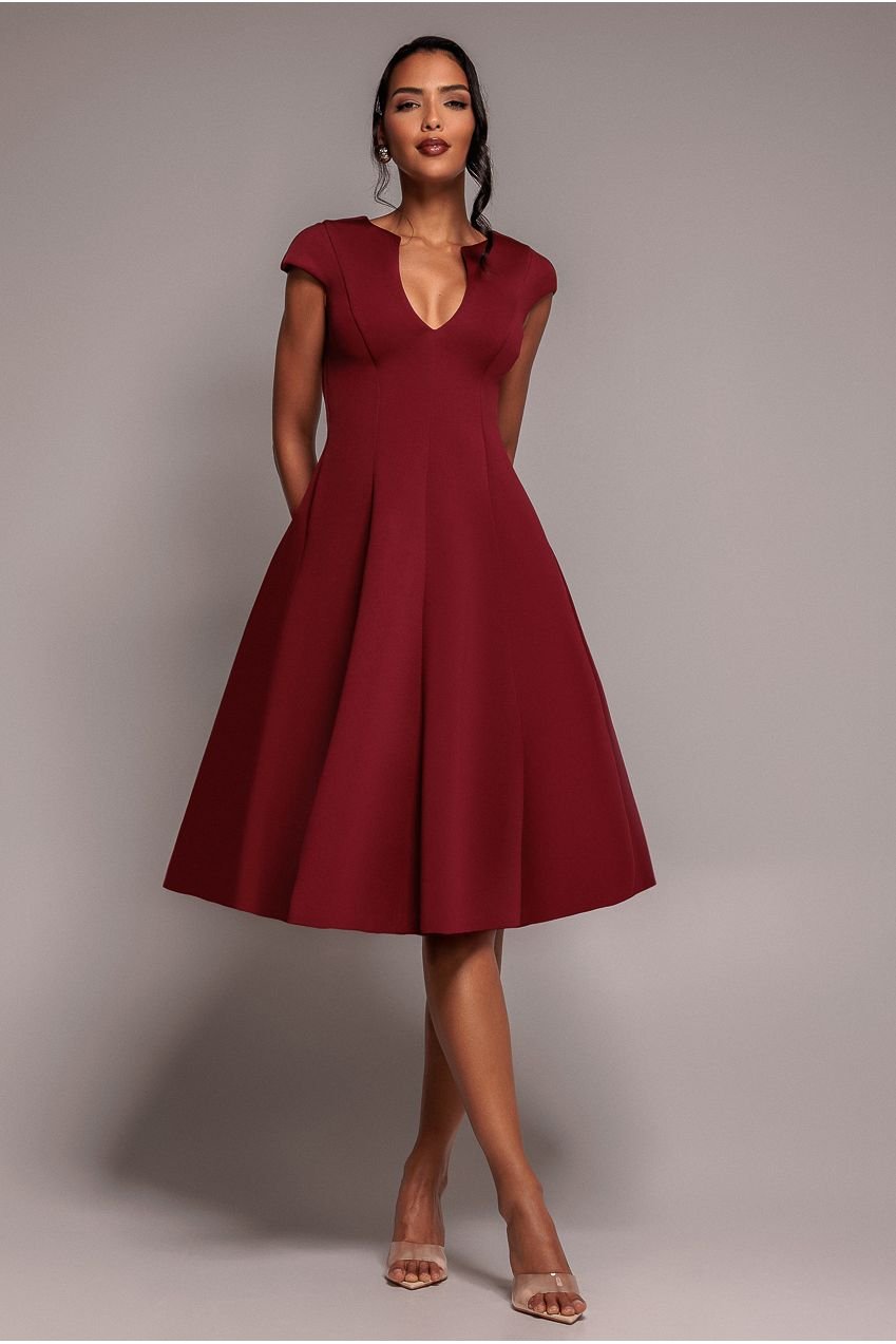 Goddiva Cap Sleeve Plunging V-Neckline A-line Midi Dress – Wine