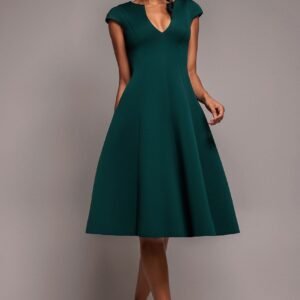 Goddiva Cap Sleeve Plunging V Neckline A Line Midi Dress - Emerald Green