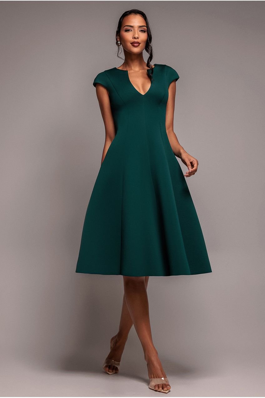 Goddiva Cap Sleeve Plunging V Neckline A Line Midi Dress – Emerald Green