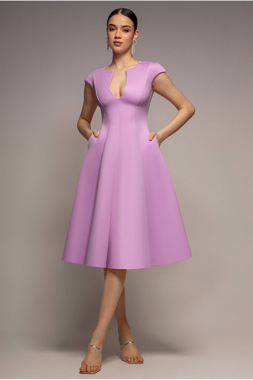 Goddiva Cap Sleeve Plunging V-Neckline A-line Midi Dress – Lilac