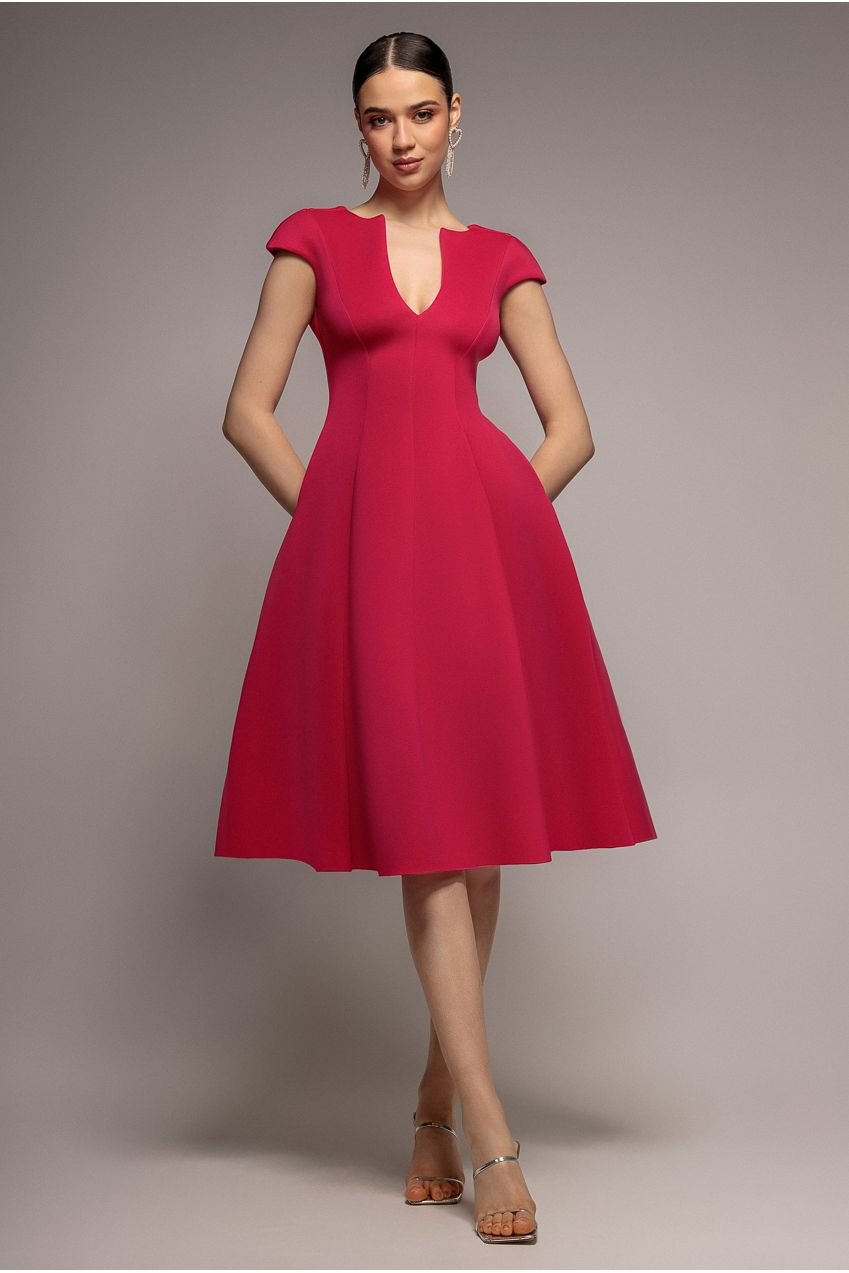Goddiva Cap Sleeve Plunging V-Neckline A-line Midi Dress – Magenta