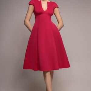 Goddiva Cap Sleeve Plunging V-Neckline A-line Midi Dress - Magenta