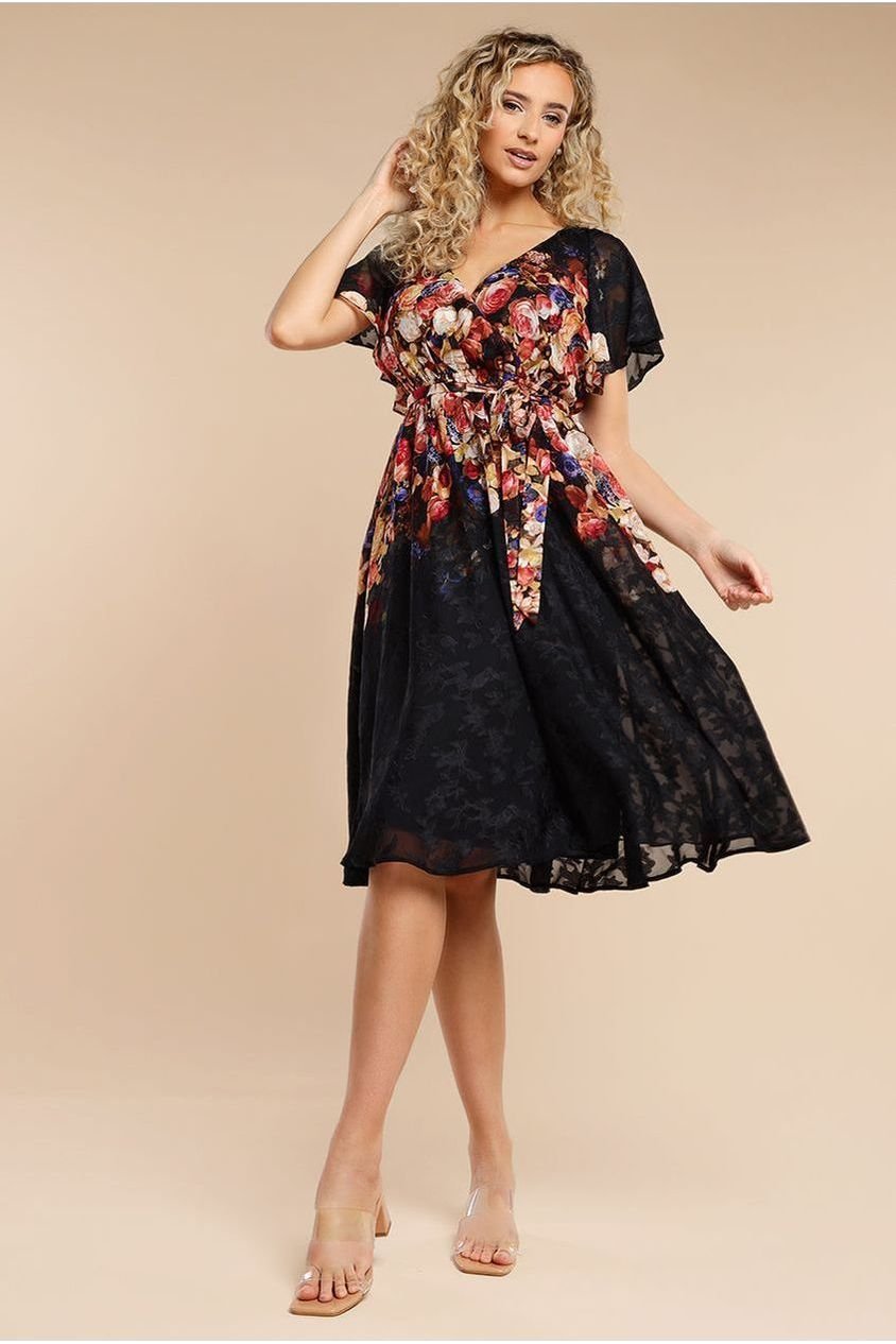 Goddiva Floral Flutter Sleeve Wrap Midi Dress – Black