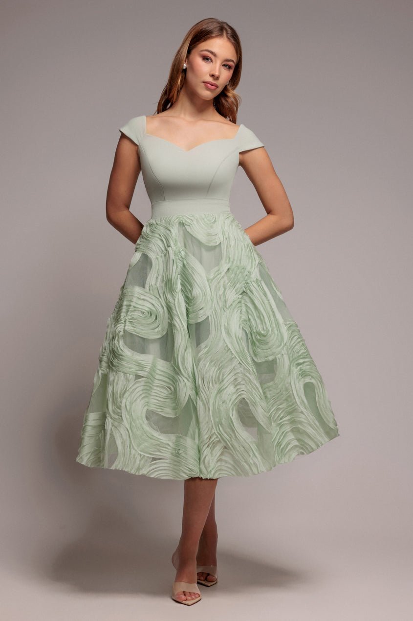 Goddiva Scuba & Textured Chiffon A Line Midi Dress – Sage Green