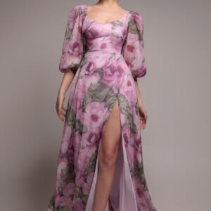 Goddiva Puff Sleeve A-Line Printed Chiffon Maxi Dress With Split - Blush Pink