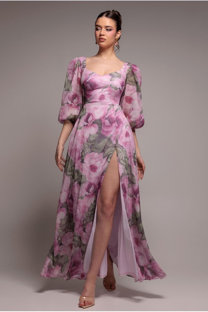 Goddiva Puff Sleeve A-Line Printed Chiffon Maxi Dress With Split – Blush Pink
