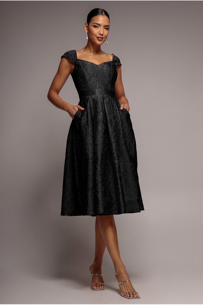 Goddiva Crushed Satin Sleeveless A Line Midi Dress – Black