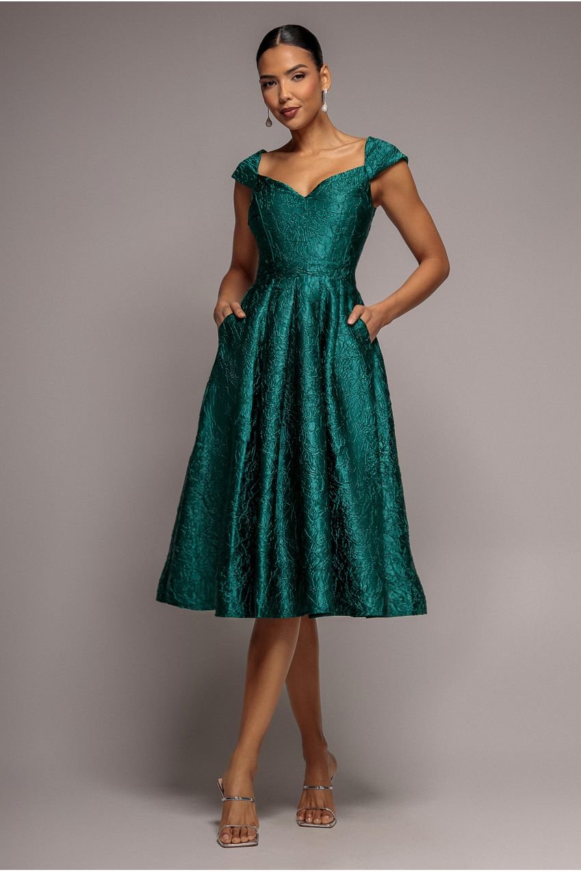 Goddiva Crushed Satin Sleeveless A Line Midi Dress – Emerald Green