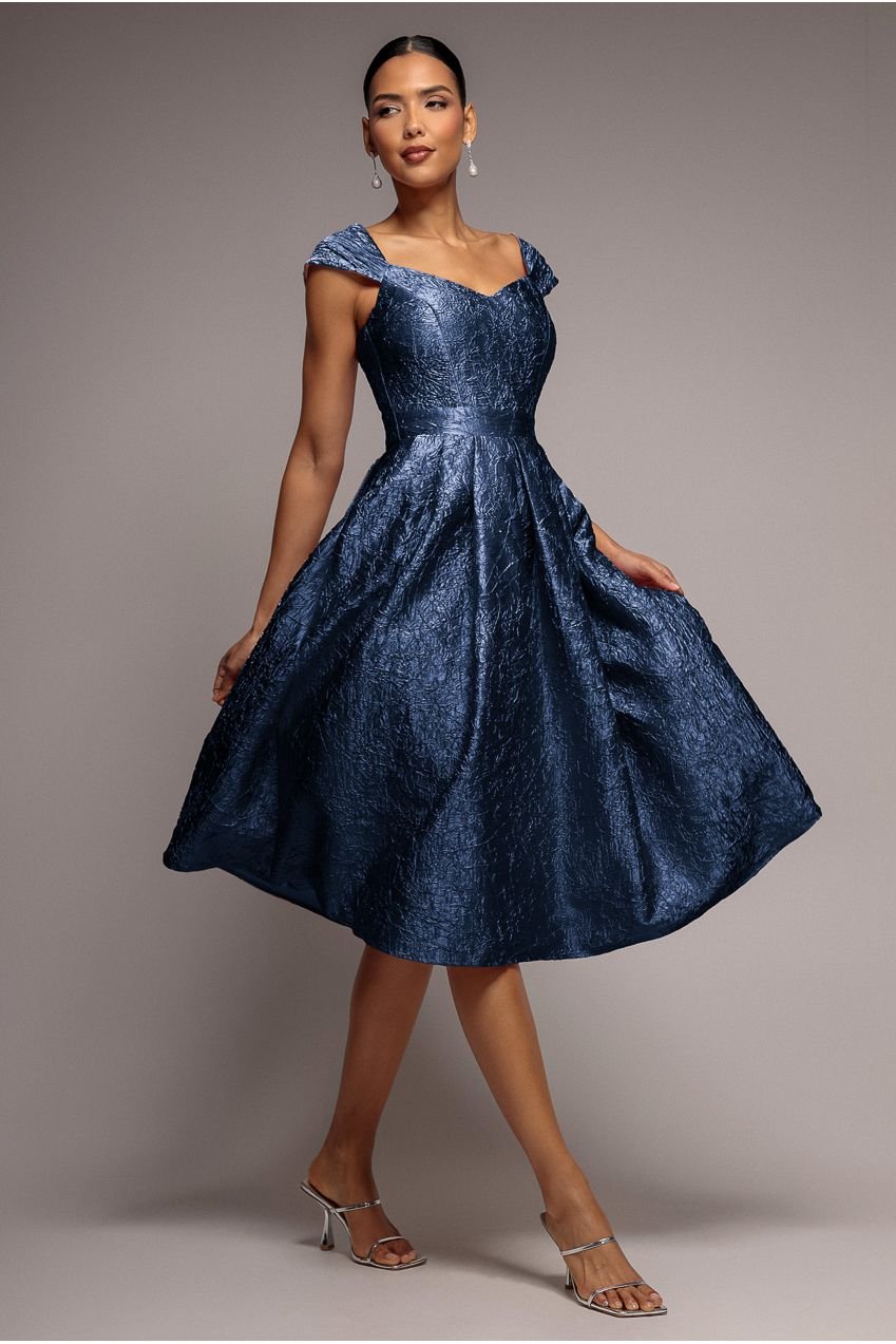Goddiva Crushed Satin Sleeveless A Line Midi Dress – Navy Blue